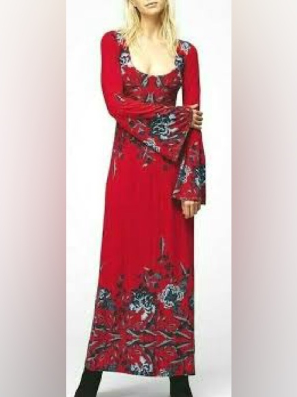 Free People "Midnight Garden" Red Floral Bell Sleeve Maxi Dress EUC Size S